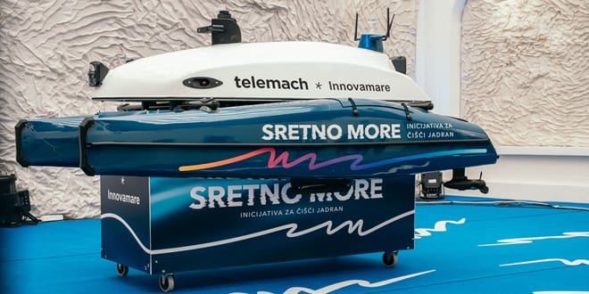 Autonomous surface vessel Faust V, branded with “Sretno More” initiative, displayed at a press event in partnership with Telemach and Innovamare.
