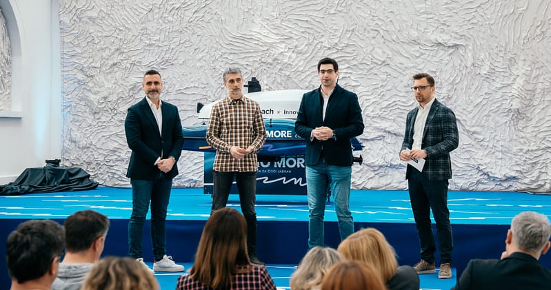 Autonomous surface vessel Faust V, branded with “Sretno More” initiative, displayed at a press event in partnership with Telemach and Innovamare.